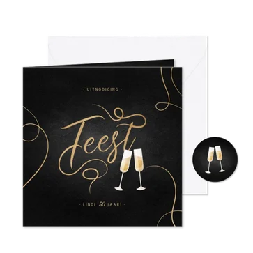 Uitnodiging feest champagne met gouden linten